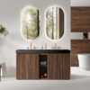 48 Inch Modern Walnut Bathroom Vanity in Contemporary Bathroom, Closed Doors with Black Sinks & Gold Fixtures