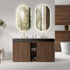 48 Inch Modern Walnut Bathroom Vanity in Contemporary Bathroom, Closed Doors with Black Sinks & Gold Fixtures