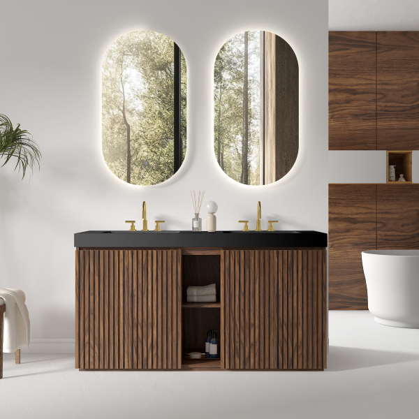 48 Inch Modern Walnut Bathroom Vanity in Contemporary Bathroom, Closed Doors with Black Sinks & Gold Fixtures
