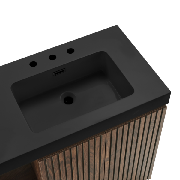 48 Inch Walnut Bathroom Vanity Close-Up, Black Engineered Stone Sink with Pre-Drilled Holes & Fluted Cabinet