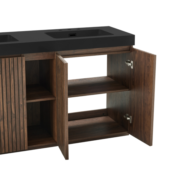 Open 48 Inch Walnut Bathroom Vanity, Showing Soft-Closing Doors, Adjustable Shelves & Open Side Storage