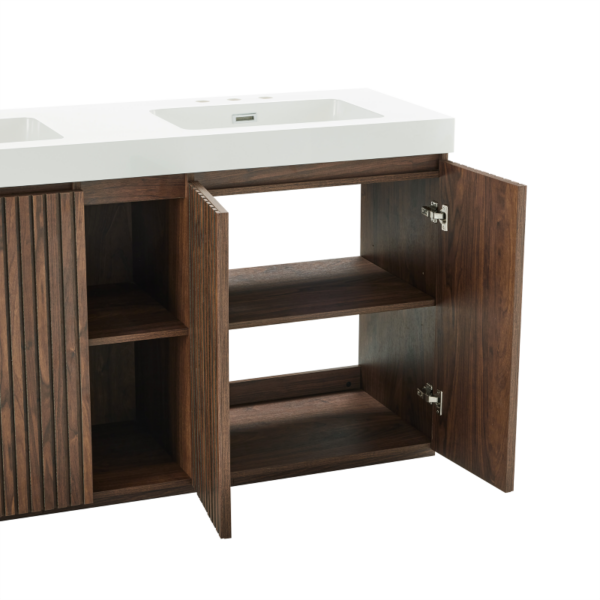Open 48 Inch Walnut Bathroom Vanity, Showing Soft-Closing Doors, Adjustable Shelves & Open Side Storage