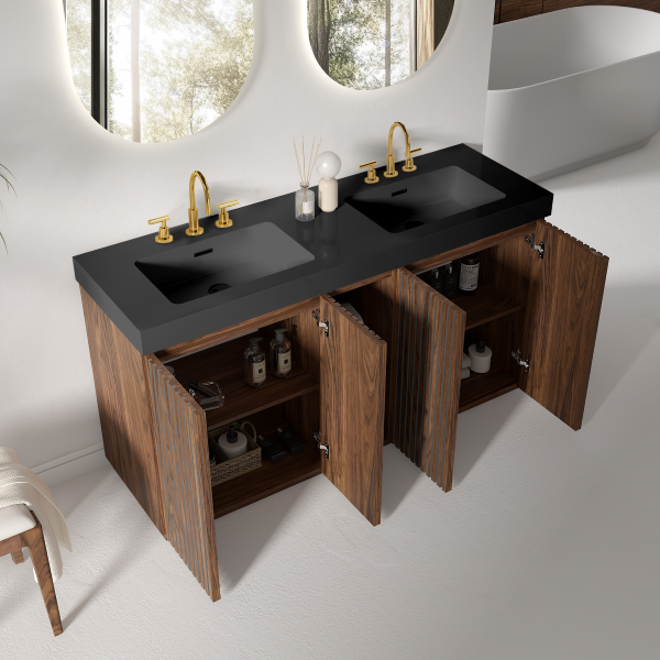 Open 48 Inch Walnut Bathroom Vanity in Modern Bathroom, Showing Organized Interior Storage & Black Sinks
