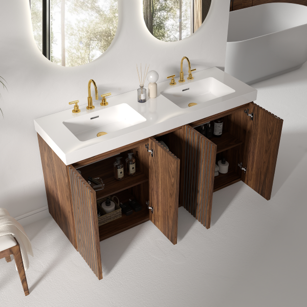 Open 48 Inch Walnut Bathroom Vanity in Modern Bathroom, Showing Organized Interior Storage & White Sink