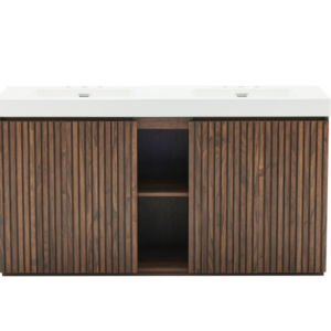 48 Inch Freestanding Walnut Bathroom Vanity with White Engineered Stone Single Sink, Front View