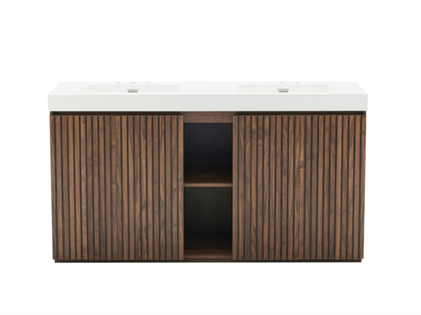 48 Inch Freestanding Walnut Bathroom Vanity with White Engineered Stone Single Sink, Front View