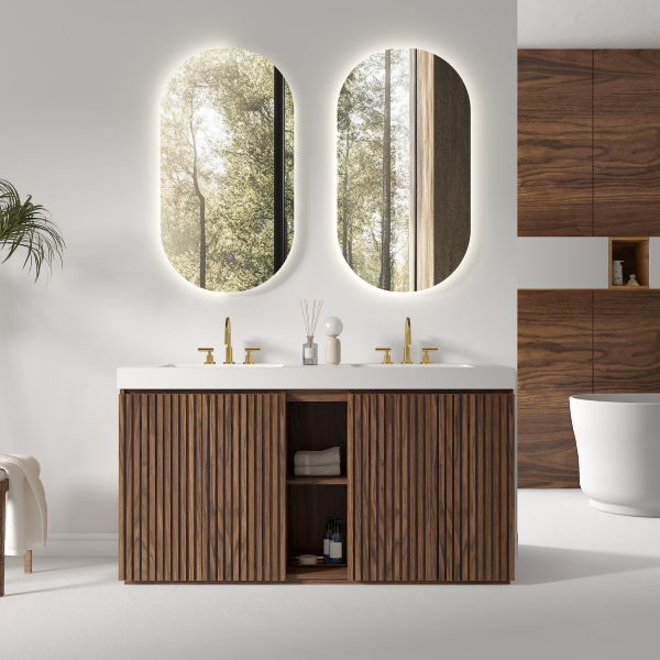 48 Inch Modern Walnut Bathroom Vanity in Contemporary Bathroom, Closed Doors with White Sink & Gold Fixtures