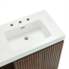 48 Inch Walnut Bathroom Vanity Close-Up, White Engineered Stone Single Sink with Pre-Drilled Holes & Fluted Cabinet