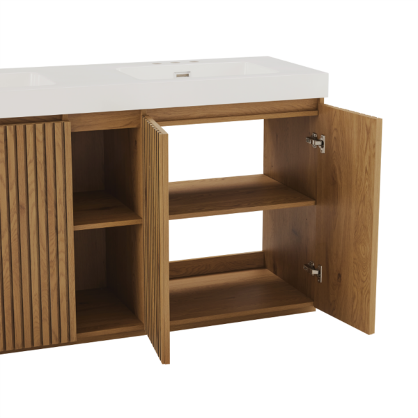 Open GALAN 60F" Knotty Oak Bathroom Vanity, Showing Spacious Interior Storage & Soft-Close Doors
