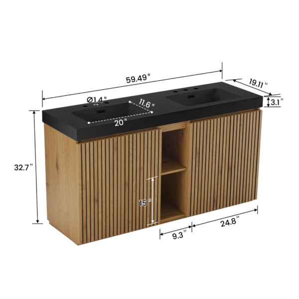 GALAN 60" Smoked Bathroom Vanity Dimensions, 60 Inch Oak Vanity with Black Sink Size Guide