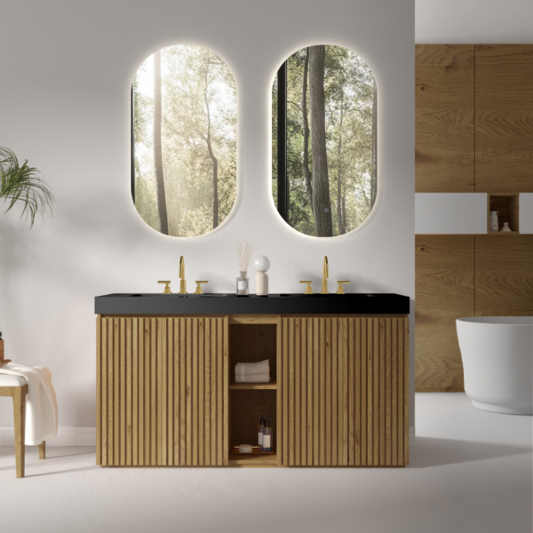 GALAN 60" Smoked Bathroom Vanity in Modern Bathroom, Closed Doors with Black Sinks & Gold Fixtures