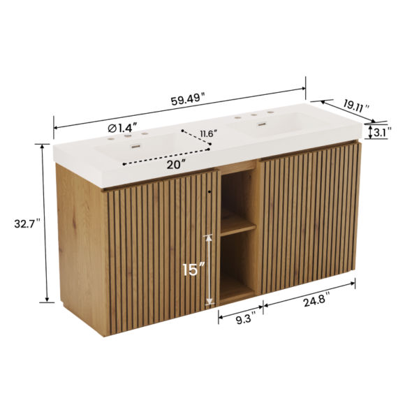 GALAN 60F" Knotty Oak Bathroom Vanity Dimensions, 60 Inch Freestanding Vanity Size Guide