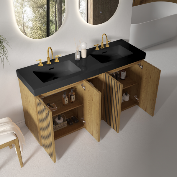 Open GALAN 60" Smoked Bathroom Vanity in Modern Bathroom, Showing Spacious Interior Storage