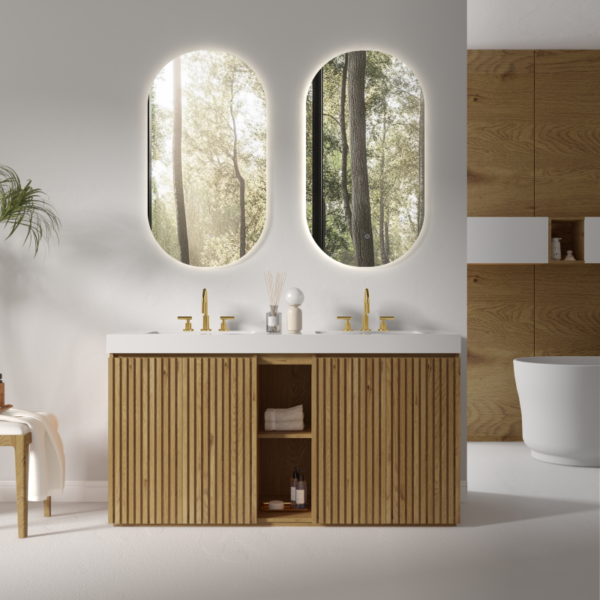GALAN 60F" Knotty Oak Bathroom Vanity in Modern Bathroom, Closed Doors with LED Mirrors