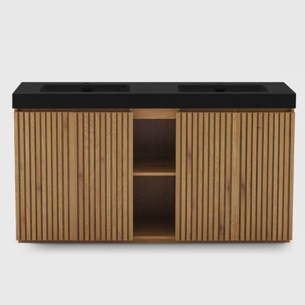 GALAN 60" Smoked Oak Bathroom Vanity with Black Integrated Double Sink & Fluted Cabinet Doors