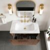 Etna 30" Striped Walnut Wall Mount Bathroom Vanity Top-Down View, Open Soft-Close Drawer with Divided Storage & White Marble Stone Sink Top
