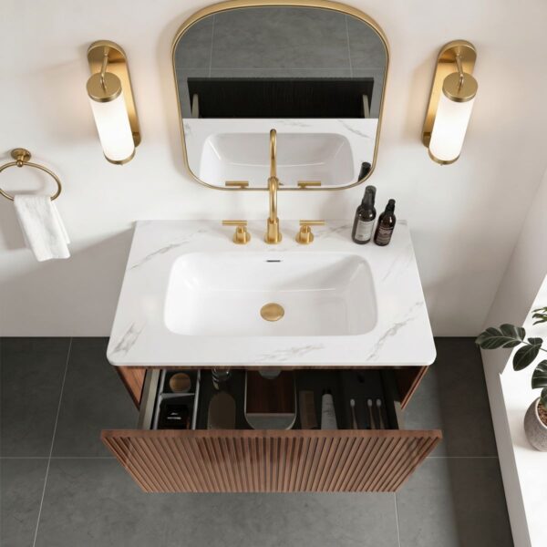 Etna 30" Striped Walnut Wall Mount Bathroom Vanity Top-Down View, Open Soft-Close Drawer with Divided Storage & White Marble Stone Sink Top