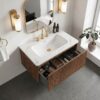 Open Etna 30" Striped Walnut Floating Bathroom Vanity In Modern Bathroom, Divided Drawer Storage & White Marble Single Sink