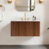 Etna 30" Striped Walnut Wall Mount Bathroom Vanity Front View, Closed Fluted Drawer, White Marble Sink Top & Gold Bathroom Fixtures