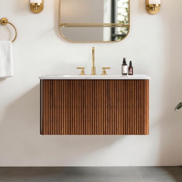 Etna 30" Striped Walnut Wall Mount Bathroom Vanity Front View, Closed Fluted Drawer, White Marble Sink Top & Gold Bathroom Fixtures