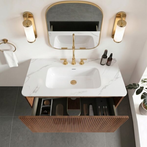 Etna 36" Striped Walnut Wall Mount Floating Bathroom Vanity Top View, Open Soft-Close Divided Drawer & White Marble Engineered Stone Top with Ceramic Sink