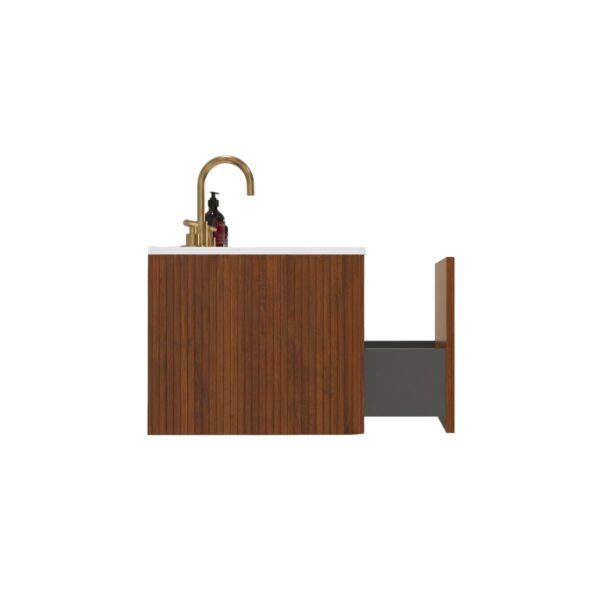 Side Profile Etna 36" Striped Walnut Floating Bathroom Vanity, Extended Soft Close Drawer & White Engineered Stone Countertop Detail