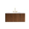 Etna 36" Striped Walnut Wall Mount Bathroom Vanity Front Studio View, Closed Fluted Drawer & Integrated White Ceramic Sink Top
