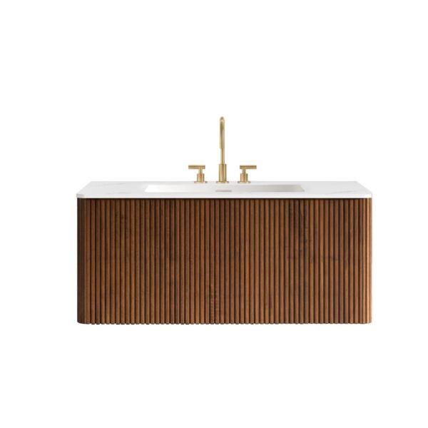 Etna 36" Striped Walnut Wall Mount Bathroom Vanity Front Studio View, Closed Fluted Drawer & Integrated White Ceramic Sink Top