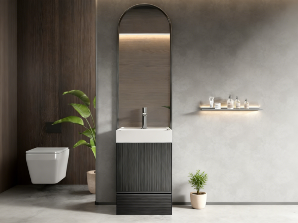 Dark grey fluted narrow freestanding bathroom vanity with chrome faucet in small industrial bathroom