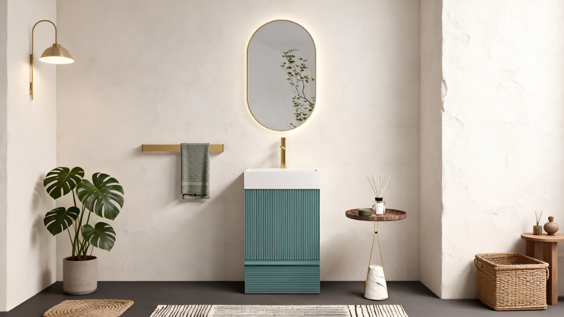 Modern teal fluted narrow freestanding bathroom vanity with brass faucet in small boho bathroom