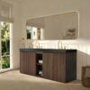 72 Inch Freestanding Walnut Bathroom Vanity with Double Sink, Black Engineered Stone Top, Fluted Wood Doors, Open Center Shelf and Modern Bathroom Design