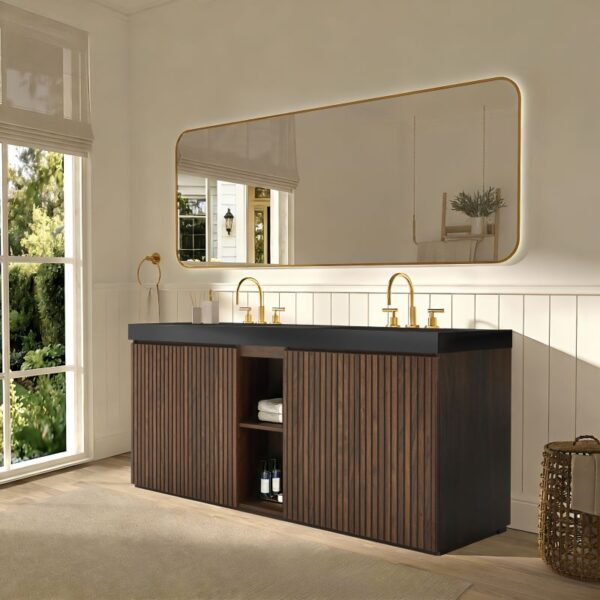 72 Inch Freestanding Walnut Bathroom Vanity with Double Sink, Black Engineered Stone Top, Fluted Wood Doors, Open Center Shelf and Modern Bathroom Design