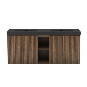72 Inch Freestanding Walnut Bathroom Vanity with Double Sink, Black Engineered Stone Top, Fluted Cabinet Doors and Open Center Storage