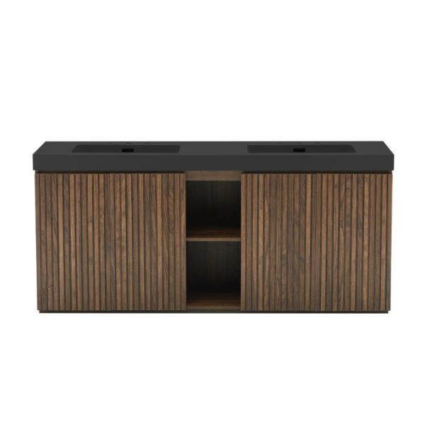 72 Inch Freestanding Walnut Bathroom Vanity with Double Sink, Black Engineered Stone Top, Fluted Cabinet Doors and Open Center Storage