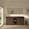 72 Inch Modern Walnut Bathroom Vanity with Double Sink, Black Engineered Stone Countertop, Open Shelf Storage and Fluted Wood Design
