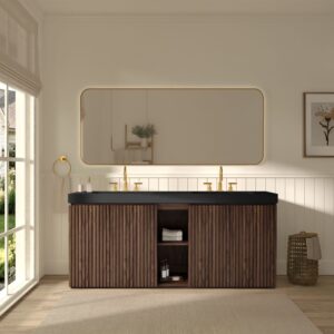72 Inch Modern Walnut Bathroom Vanity with Double Sink, Black Engineered Stone Countertop, Open Shelf Storage and Fluted Wood Design