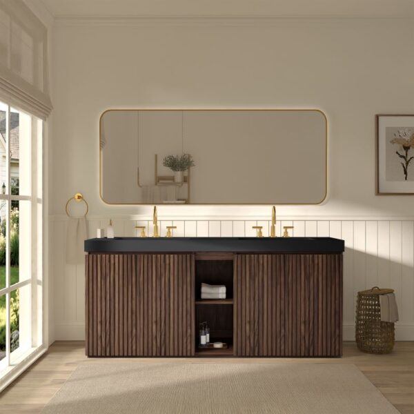 72 Inch Modern Walnut Bathroom Vanity with Double Sink, Black Engineered Stone Countertop, Open Shelf Storage and Fluted Wood Design