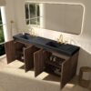 72 Inch Walnut Bathroom Vanity with Double Sink, Soft-Closing Doors, Spacious Interior Storage, Open Center Shelf and Black Engineered Stone Top