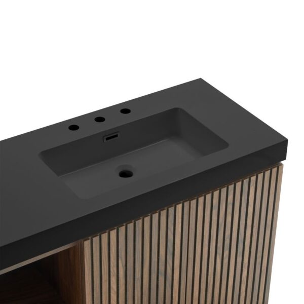 72 Inch Walnut Bathroom Vanity with Double Sink, Black Engineered Stone Sink Top, Fluted Wood Cabinet and Contemporary Bathroom Style