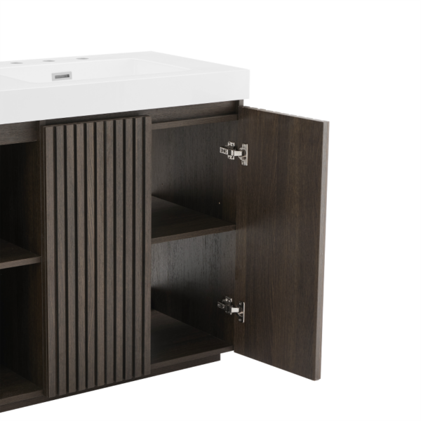 48 Inch Freestanding Walnut Bathroom Vanity, Open Cabinet Showing Soft-Closing Doors & Adjustable Interior Shelves