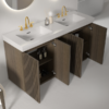 Open 48 Inch Freestanding Walnut Bathroom Vanity in Modern Bathroom, Showing Spacious Storage & White Double Sinks