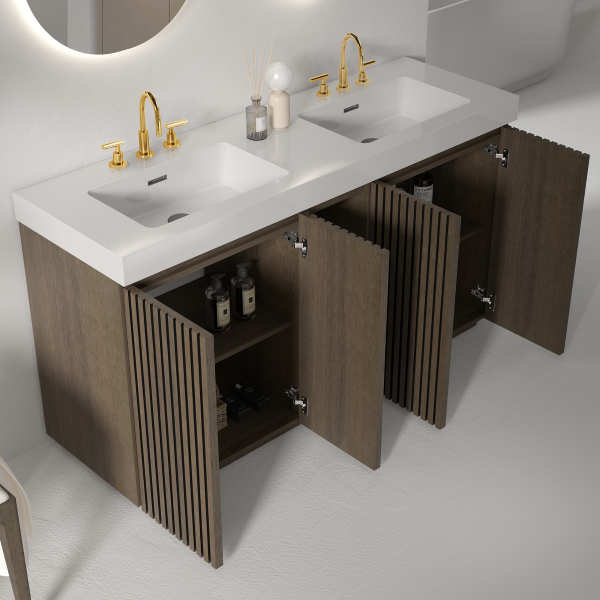 Open 48 Inch Freestanding Walnut Bathroom Vanity in Modern Bathroom, Showing Spacious Storage & White Double Sinks