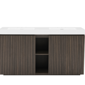48 Inch Freestanding Walnut Bathroom Vanity with White Engineered Stone Double Sink, Front View