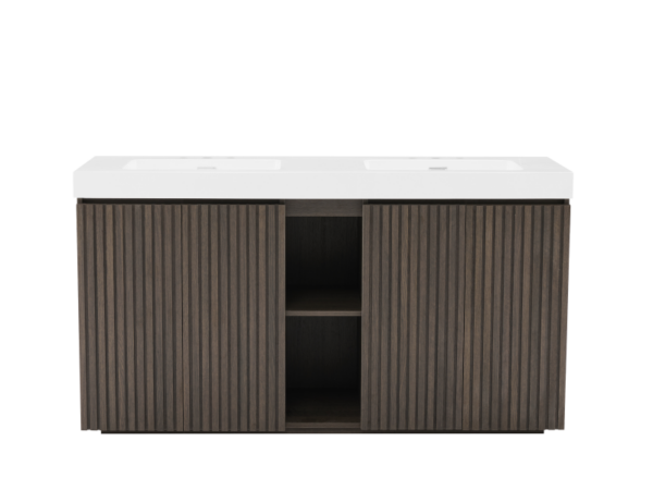 48 Inch Freestanding Walnut Bathroom Vanity with White Engineered Stone Double Sink, Front View