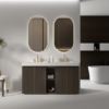 48 Inch Modern Walnut Bathroom Vanity in Contemporary Bathroom, Closed Doors with White Sinks & Gold Fixtures