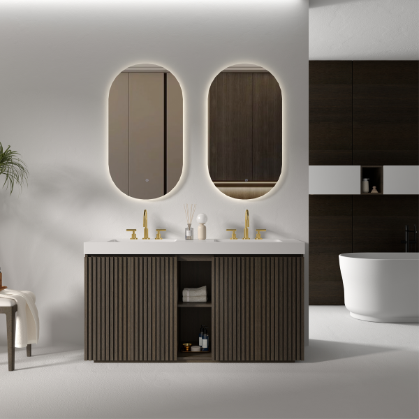 48 Inch Modern Walnut Bathroom Vanity in Contemporary Bathroom, Closed Doors with White Sinks & Gold Fixtures