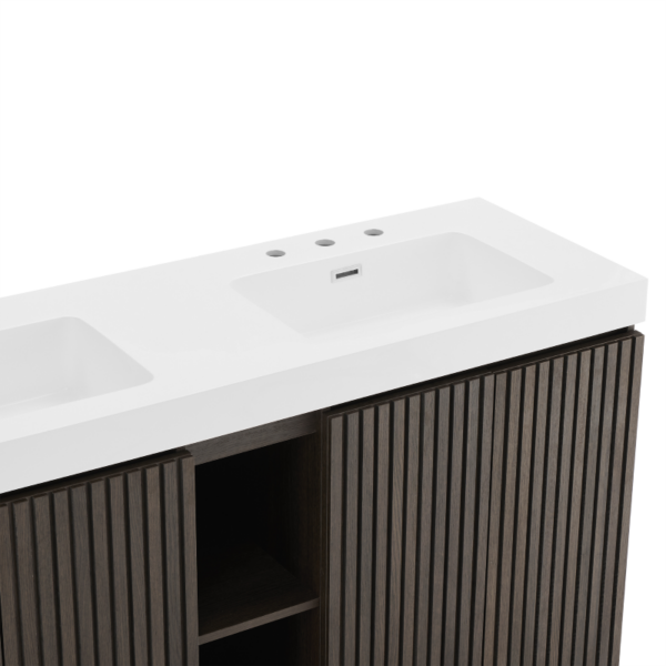 48 Inch Walnut Bathroom Vanity Close-Up, White Engineered Stone Sink with Pre-Drilled Holes & Fluted Cabinet