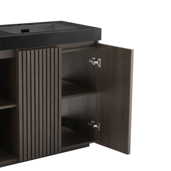 GALAN 60F" Smoked Oak Freestanding Bathroom Vanity Close-Up, Open Soft-Closing Fluted Door with Adjustable Inner Shelves & Black Engineered Stone Top