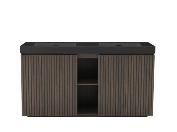 GALAN 60F" Smoked Oak Freestanding Bathroom Vanity with Black Engineered Stone Double Sink & Central Open Storage Compartment
