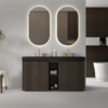 GALAN 60F" Smoked Oak Bathroom Vanity in Modern Spa Bathroom, Closed Fluted Doors, Black Double Sink & Gold Faucet Fixtures